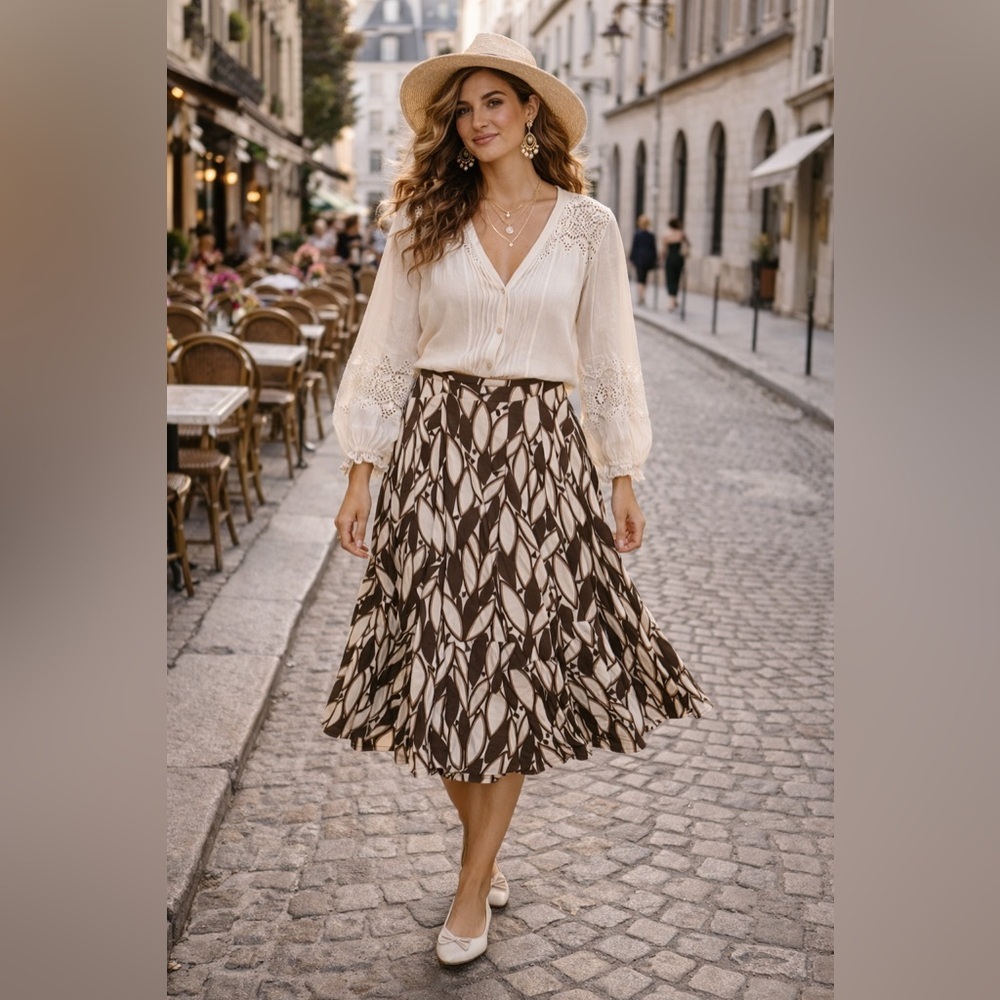 Vintage Brown White Patterned Boho Midi Skirt Linen Blend Flowy A-Line Size 8